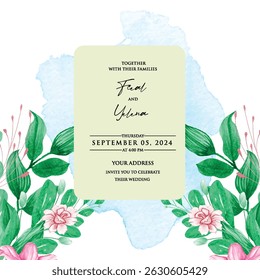 Hand drawn wedding invitation card rose template. Watercolor card with gold frame texture, geometric, colourful floral, Organic leaves. Elegant botanical Floral vector with cherry blossom background