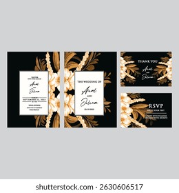 Hand drawn wedding invitation card black rose template. Watercolor card with gold frame, black colourful floral, Organic leaves. Elegant botanical Floral vector with black cherry blossom background
