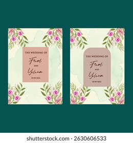 Hand drawn wedding invitation card rose template. Watercolor card with gold frame texture, geometric, colourful floral, Organic leaves. Elegant botanical Floral vector with cherry blossom background