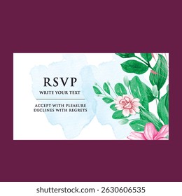 Hand drawn wedding invitation card rose template. Watercolor card with gold frame texture, geometric, colourful floral, Organic leaves. Elegant botanical Floral vector with cherry blossom background
