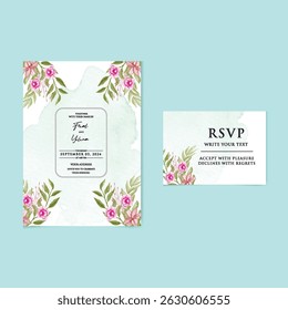 Hand drawn wedding invitation card rose template. Watercolor card with gold frame texture, geometric, colourful floral, Organic leaves. Elegant botanical Floral vector with cherry blossom background