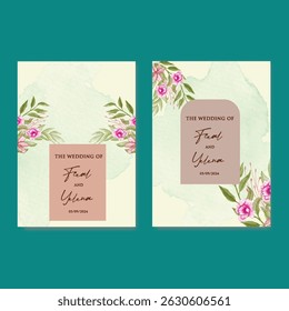 Hand drawn wedding invitation card rose template. Watercolor card with gold frame texture, geometric, colourful floral, Organic leaves. Elegant botanical Floral vector with cherry blossom background