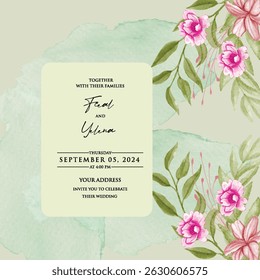 Hand drawn wedding invitation card rose template. Watercolor card with gold frame texture, geometric, colourful floral, Organic leaves. Elegant botanical Floral vector with cherry blossom background