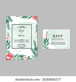 Hand drawn wedding invitation card rose template. Watercolor card with gold frame texture, geometric, colourful floral, Organic leaves. Elegant botanical Floral vector with cherry blossom background