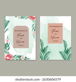 Hand drawn wedding invitation card rose template. Watercolor card with gold frame texture, geometric, colourful floral, Organic leaves. Elegant botanical Floral vector with cherry blossom background