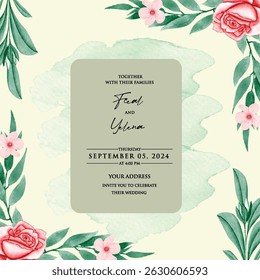 Hand drawn wedding invitation card rose template. Watercolor card with gold frame texture, geometric, colourful floral, Organic leaves. Elegant botanical Floral vector with cherry blossom background