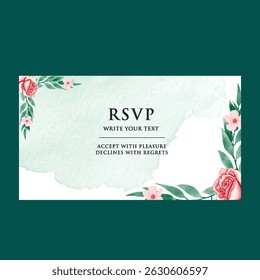 Hand drawn wedding invitation card rose template. Watercolor card with gold frame texture, geometric, colourful floral, Organic leaves. Elegant botanical Floral vector with cherry blossom background
