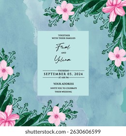 Hand drawn wedding invitation card rose template. Watercolor card with gold frame texture, geometric, colourful floral, Organic leaves. Elegant botanical Floral vector with cherry blossom background
