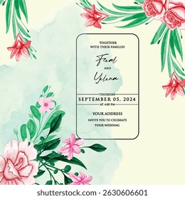 Hand drawn wedding invitation card rose template. Watercolor card with gold frame texture, geometric, colourful floral, Organic leaves. Elegant botanical Floral vector with cherry blossom background