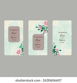 Hand drawn wedding invitation card rose template. Watercolor card with gold frame texture, geometric, colourful floral, Organic leaves. Elegant botanical Floral vector with cherry blossom background