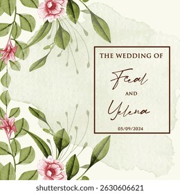 Hand drawn wedding invitation card rose template. Watercolor card with gold frame texture, geometric, colourful floral, Organic leaves. Elegant botanical Floral vector with cherry blossom background