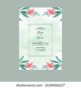 Hand drawn wedding invitation card rose template. Watercolor card with gold frame texture, geometric, colourful floral, Organic leaves. Elegant botanical Floral vector with cherry blossom background