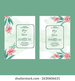 Hand drawn wedding invitation card rose template. Watercolor card with gold frame texture, geometric, colourful floral, Organic leaves. Elegant botanical Floral vector with cherry blossom background
