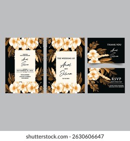Hand drawn wedding invitation card rose template. Watercolor card with gold frame texture, geometric, colourful floral, Organic leaves. Elegant botanical Floral vector with cherry blossom background