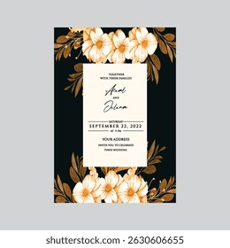 Hand drawn wedding invitation card rose template. Watercolor card with gold frame texture, geometric, colourful floral, Organic leaves. Elegant botanical Floral vector with cherry blossom background