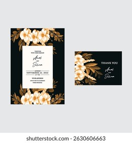 Hand drawn wedding invitation card rose template. Watercolor card with gold frame texture, geometric, colourful floral, Organic leaves. Elegant botanical Floral vector with cherry blossom background