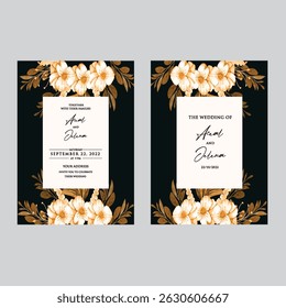 Hand drawn wedding invitation card rose template. Watercolor card with gold frame texture, geometric, colourful floral, Organic leaves. Elegant botanical Floral vector with cherry blossom background