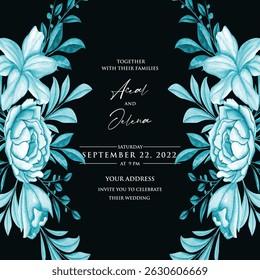 Hand drawn wedding invitation card rose template. Watercolor card with gold frame texture, geometric, colourful floral, Organic leaves. Elegant botanical Floral vector with cherry blossom background