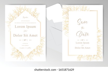 Hand Drawn Wedding Invitation Cards Template with Beautiful Golden Leaves