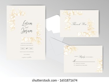 Hand Drawn Wedding Invitation Cards Template with Beautiful Golden Leaves