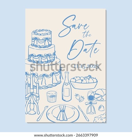 Hand drawn wedding invitation cover template. Vector illustration blue hand drawn wedding invitation with wedding table settings.