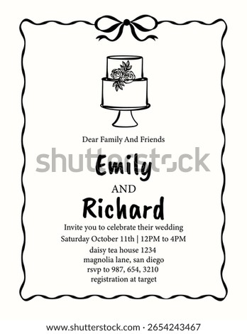 Hand drawn wedding invitation design. Vector doodle invitation template for modern weddings, bridal showers, engagement events, and printable stationery.