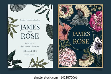 Hand drawn Wedding Invitation, floral invite thank you, rsvp modern card Design in pink rose with flower and leaf greenery  branches decorative Vector elegant rustic template