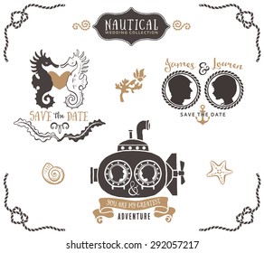 Hand drawn wedding invitation logo templates in nautical style. Vintage vector design elements.