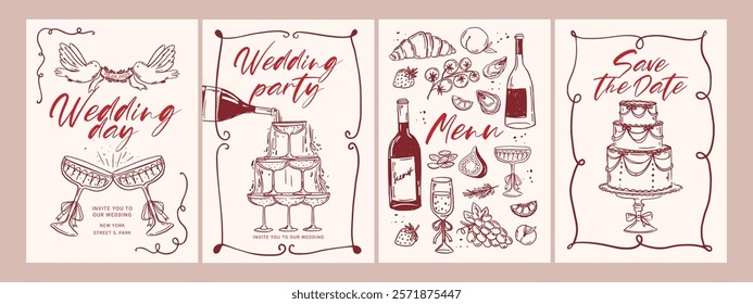 Hand drawn wedding invitation. Save the date card. Sketch line elegant elements. Celebration cards. Menu, wine, glass. Dolce vita vector postcards, social media, poster.