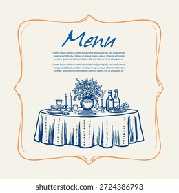 Hand Drawn Wedding Invitation Set. Wedding Menu Card Design with Table, Wine Bottle, Wine Glasses, Flowers in Chalk, Sketch Line Drawing Vintage Style. Vector Minimalist Line Art Wedding Invitation.