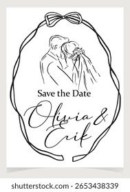 Hand drawn wedding invitation with vintage wine, bride and groom sketch. Whimsical doodle bow and ribbon card for italian coquette party or elegant celebration