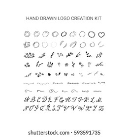 Hand drawn wedding logo creation kit. Floral frames, circles, alphabet.