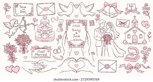 Conjunto de Elementos de amor de boda dibujados a mano