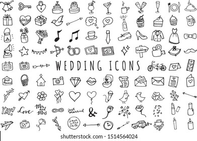 Hand Drawn Wedding & Marriage Icons Set - Full Color Sketched Illustrations Collection in Black & White