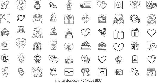 Hand Drawn Wedding and Marriage Icons Set.Full Color Sketched Illustrations