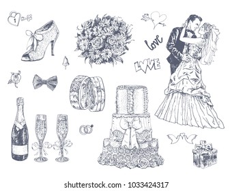 Hand Drawn Wedding and Marriage Set. Groom and bride, festive cake, wedding rings, bouquet, gift, champagne. Vintage collection isolated on white