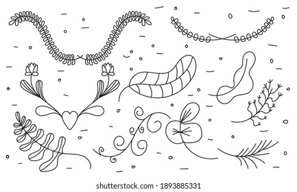 Hand drawn wedding ornament collection in black line style. Flower hand drawn element set and doodle floral frame invitation. Elegant wedding swirl leaf vector illustration