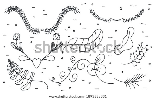 Hand drawn wedding\
ornament collection in black line style. Flower hand drawn element\
set and doodle floral frame invitation. Elegant wedding swirl leaf\
vector illustration
