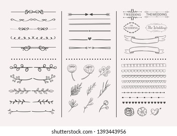 Hand drawn wedding ornament detail of divider flower icon and wreath.