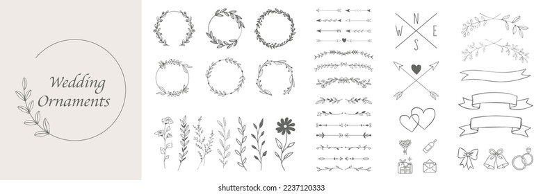 Hand Drawn Wedding Ornamental Elements Collection. Vector Graphic set of elements for invitations and greeting cards. Classic vintage design. Dividers, hearts, map elements, flowers, ornaments.