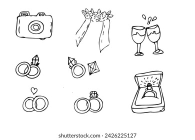 Hand drawn wedding outline doodle icons set of jewerly and bridal. Vector illustration of wedding ceremony items in hand drawn doodle sketch style, for greeting card, invitation, save and date card. 