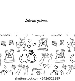 Hand drawn wedding outline doodle banner of jewerly and bridal. Vector illustration of wedding ceremony items in hand drawn doodle sketch style for banner template. 