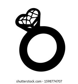 Hand drawn wedding ring. Vector stock illustration of ring with heart shape jewelry stone. Isolated on white background.  Doodle. Trendy. Design for wedding, engagement concept.