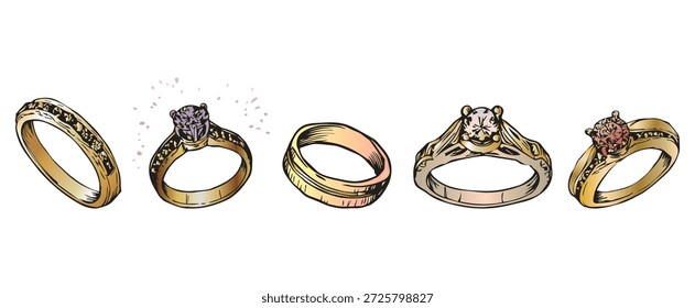 Conjunto de anillos de boda dibujados a mano. Dibujo de croquis de anillos de oro. Ilustración vectorial de joyería de oro