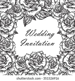 Hand Drawn Wedding Rose Frame. Flower Template for wedding, holiday, celebration. Rose for print, tattoo and digital art. Vector