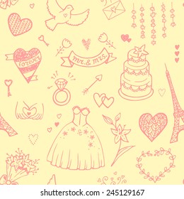 Hand drawn wedding seamless pattern with cake, wedding dress and hearts.