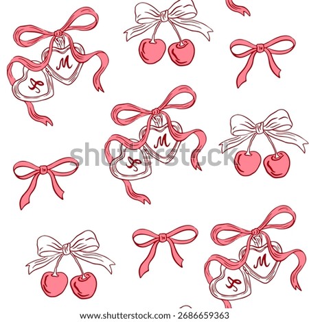 Hand drawn wedding seamless pattern. Vintage whimsical coquette background with locket, cherry and bow for wedding invitation, valentine day. La dolce vita. Vector romantic wallpaper, wrapping 