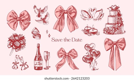 Hand drawn wedding set with bows, swans, rings, hearts, and champagne. Elegant mood. Wedding invitation, greeting card, bridal decor. Vintage sketch vector illustration.