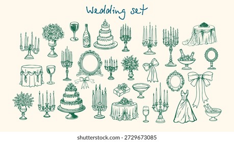 Conjunto de Boda dibujado a mano. Diseño de Boda con mesa, botella de vino, copas de vino, flores, candelabro, pastel en tiza, dibujo de línea de boceto estilo Antiguas. Vector Minimalista Línea Arte Boda Ilustraciones.