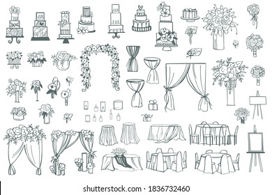 Hand drawn wedding set. Flowers, cakes, arches, decoration for tables,  bridal bouquet. Vector sketch  illustration.